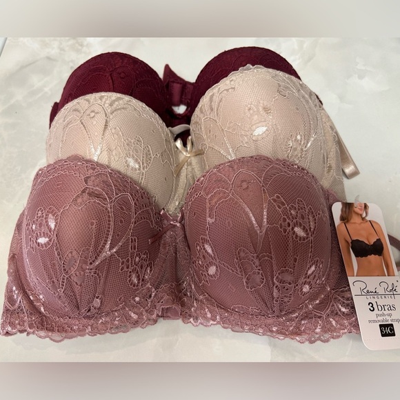 $68 Rene  Rofe Lace Underwire Bra Set - Burgundy, Cream, Mauve - Picture 3 of 9